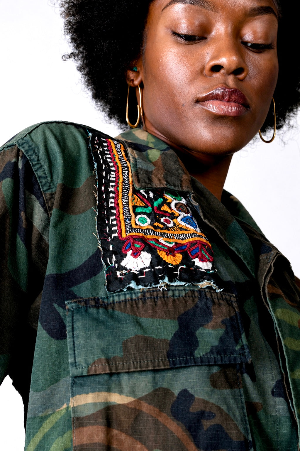 Handmade Indigo dye vintage army jacket with Traditional Kutch Block Print and Rabari mirror embroidery