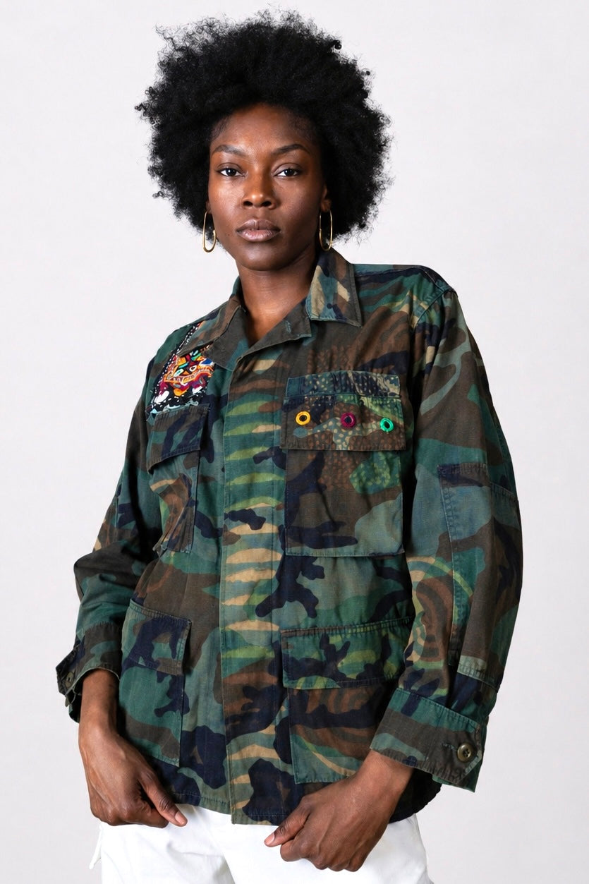 Handmade Indigo dye vintage army jacket with Traditional Kutch Block Print and Rabari mirror embroidery