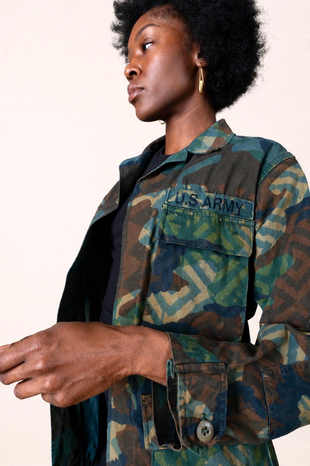 Handmade Indigo dye vintage army jacket with Traditional Kutch Block Print and Rabari mirror embroidery