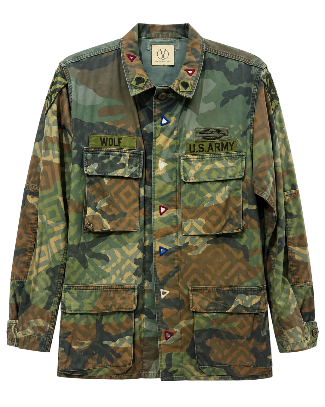 Handmade Indigo dye vintage army jacket with Traditional Kutch Block Print and Rabari mirror embroidery