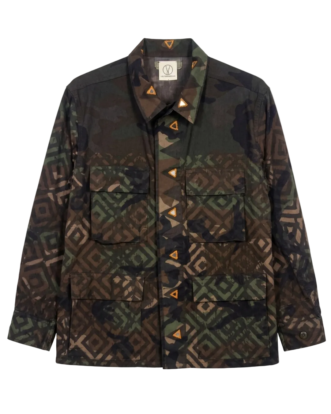 Exclusive reworked military jacket featuring earthy Natural dye (recycled iron + raw sugar), subtle geometric patterning, and artisan mirror embroidery