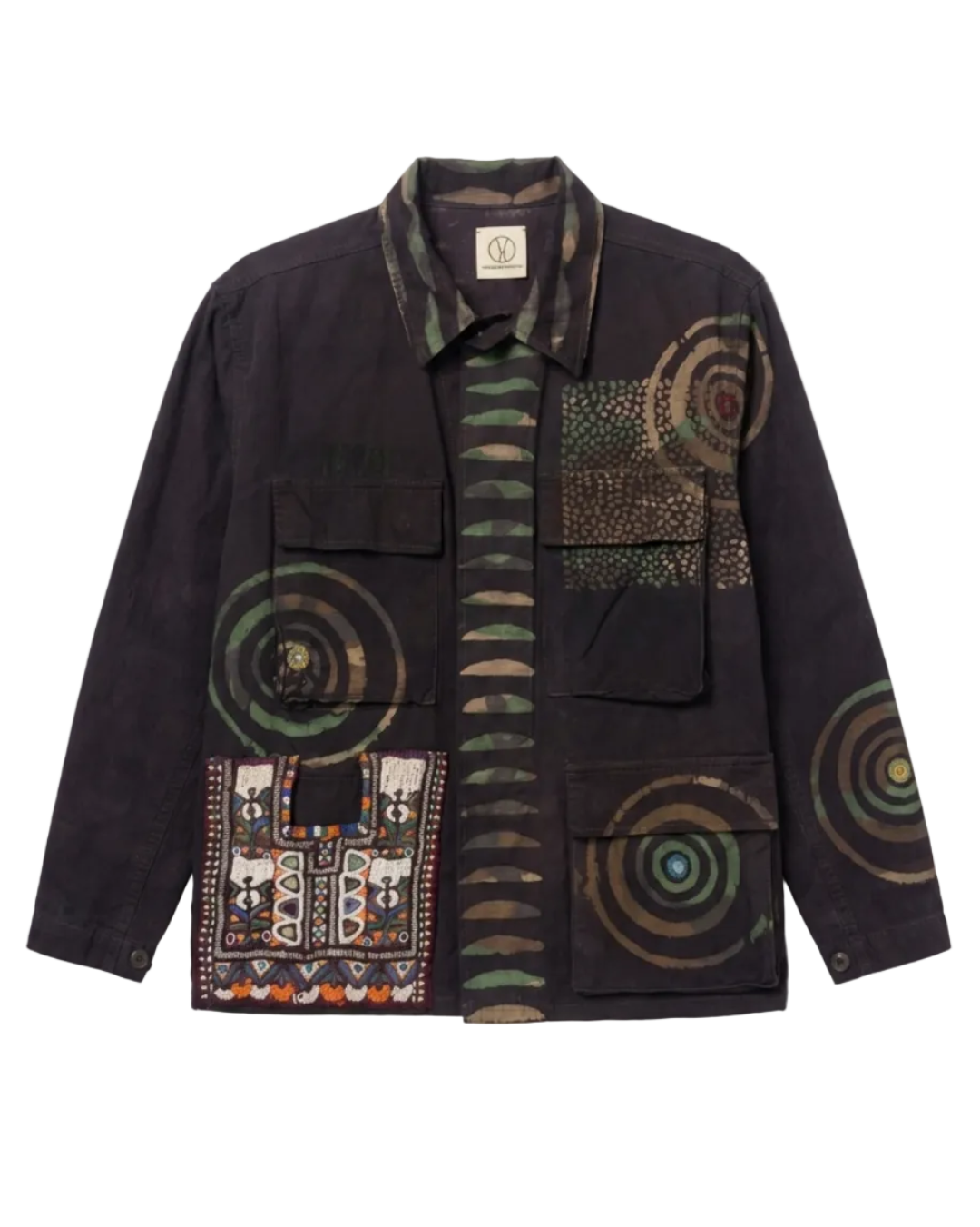 Exclusive handmade vintage army jacket with natural dye, Kutch block print, and mirror embroidery