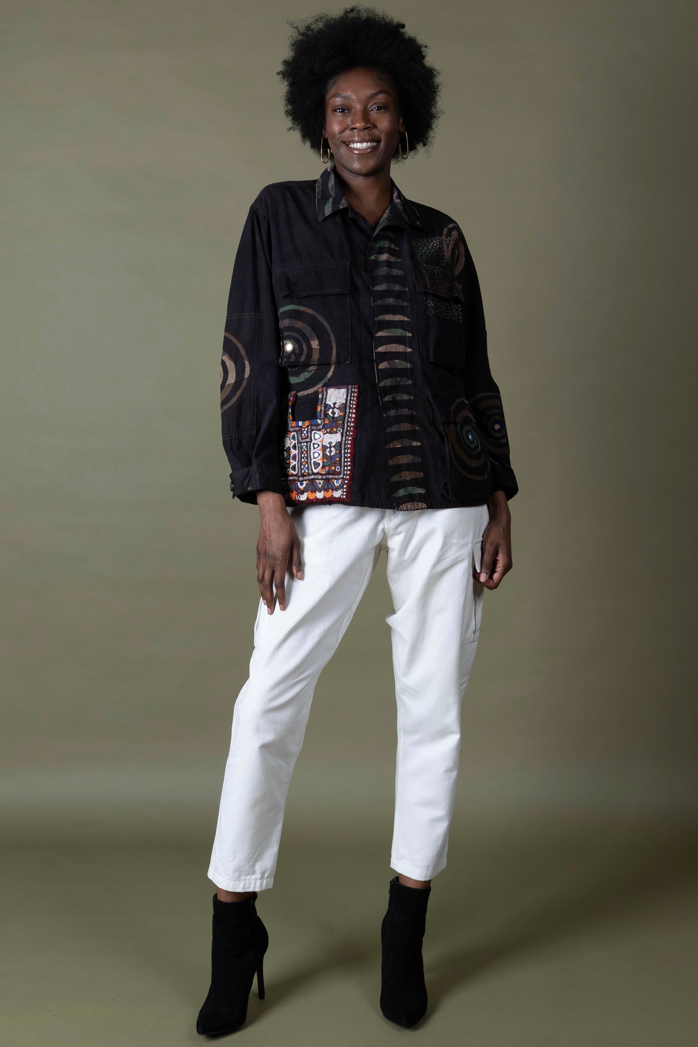 Exclusive handmade vintage army jacket with natural dye, Kutch block print, and mirror embroidery