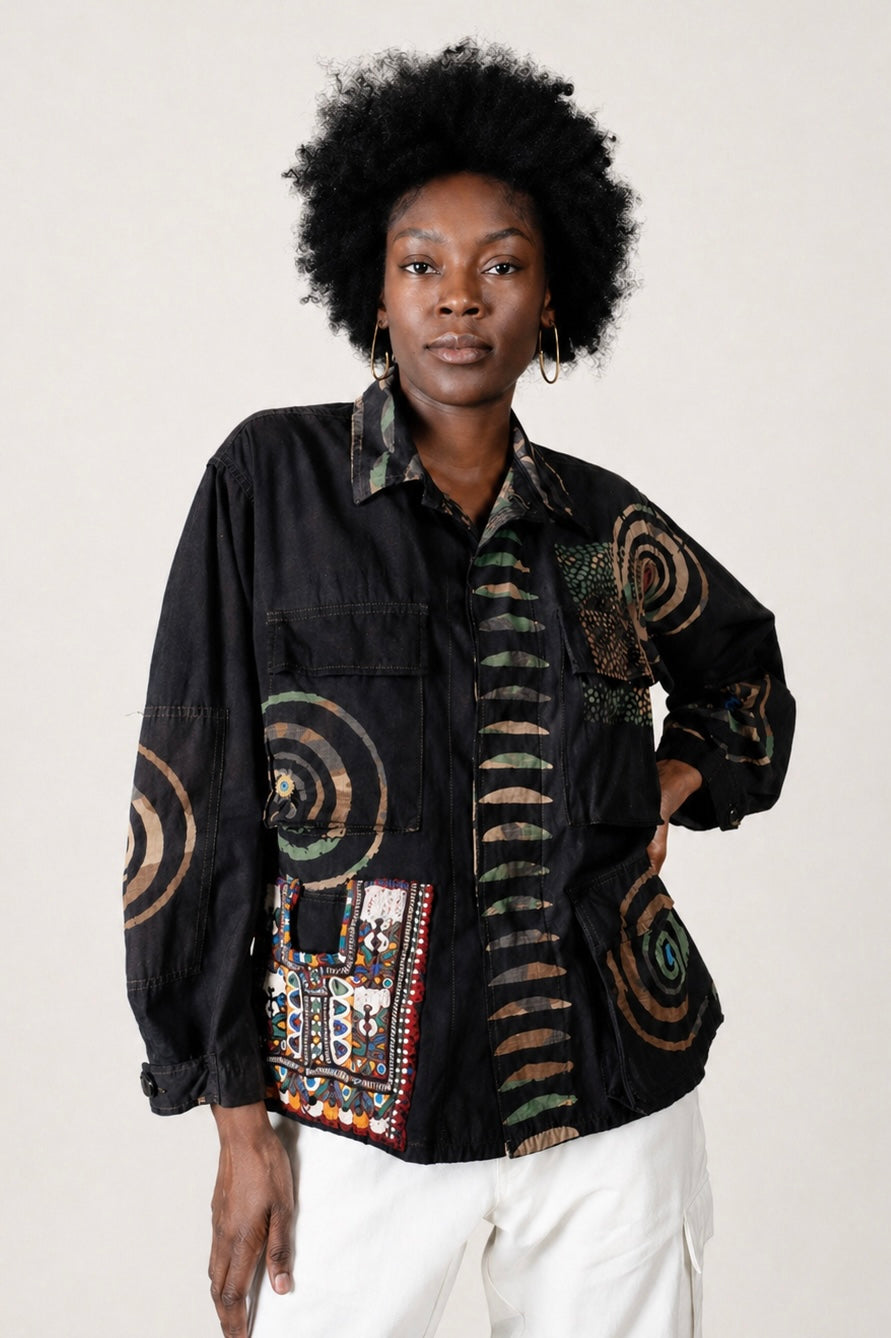 Exclusive handmade vintage army jacket with natural dye, Kutch block print, and mirror embroidery