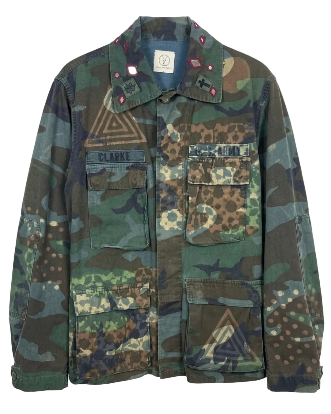 Handmade Indigo dye vintage army jacket with Traditional Kutch Block Print and Rabari mirror embroidery