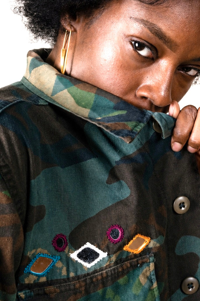 Handmade Indigo dye vintage army jacket with Traditional Kutch Block Print and Rabari mirror embroidery