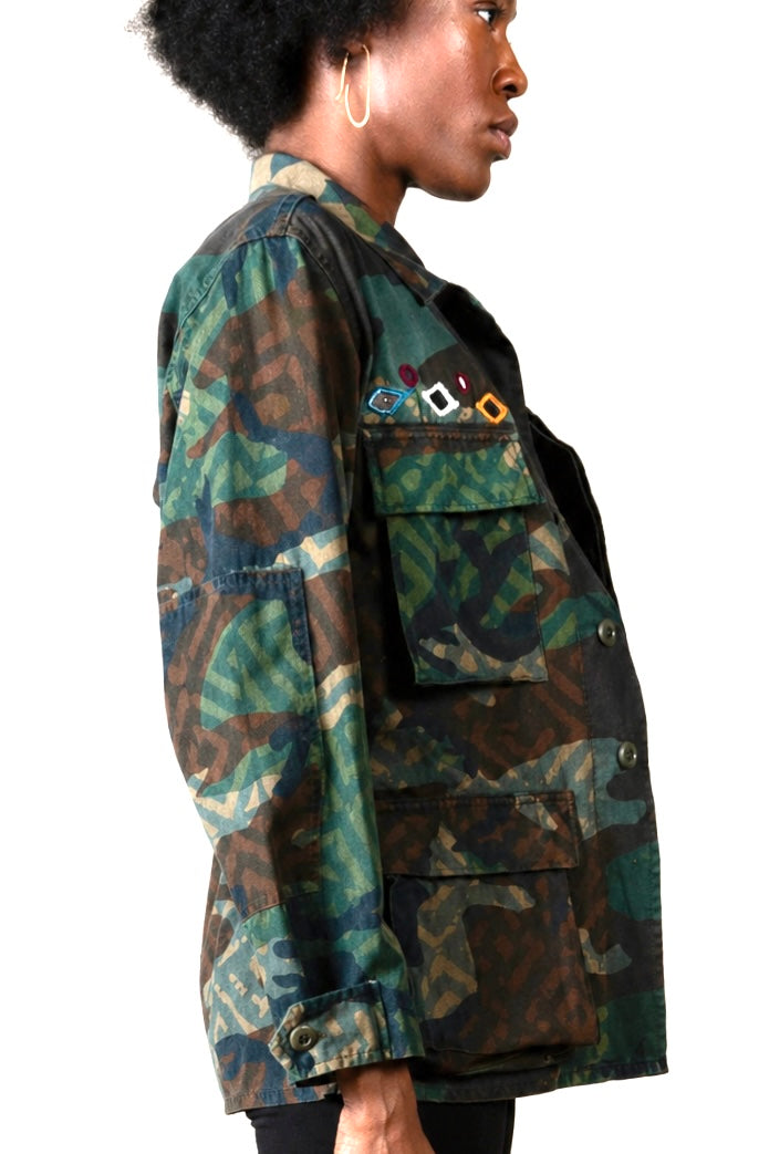 Handmade Indigo dye vintage army jacket with Traditional Kutch Block Print and Rabari mirror embroidery