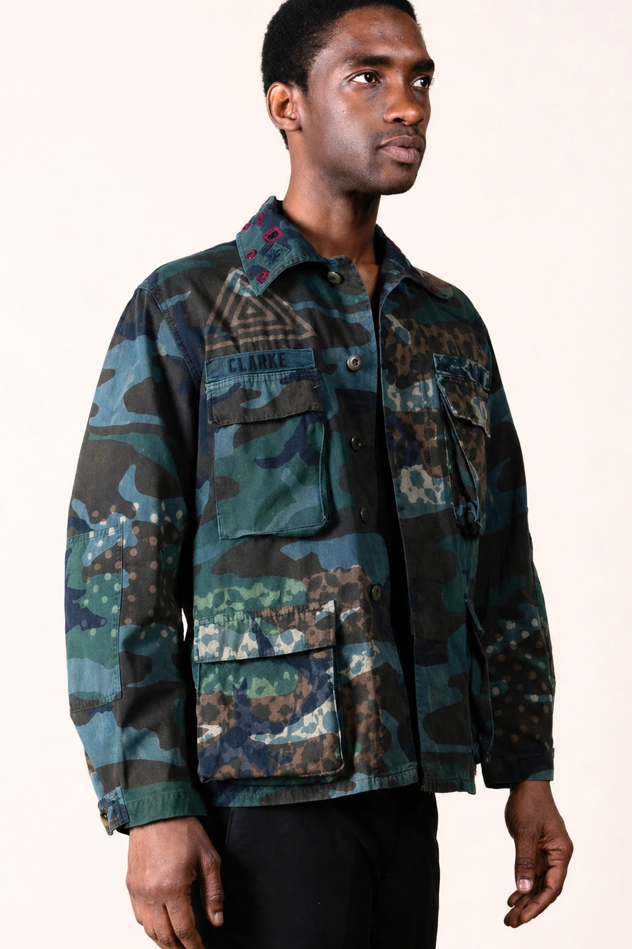 Handmade Indigo dye vintage army jacket with Traditional Kutch Block Print and Rabari mirror embroidery