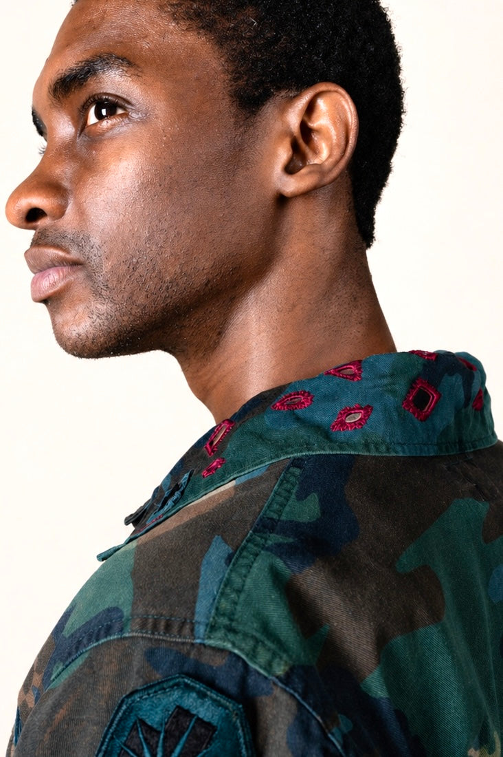 Handmade Indigo dye vintage army jacket with Traditional Kutch Block Print and Rabari mirror embroidery