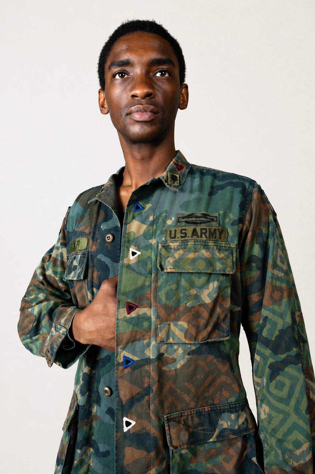 Handmade Indigo dye vintage army jacket with Traditional Kutch Block Print and Rabari mirror embroidery