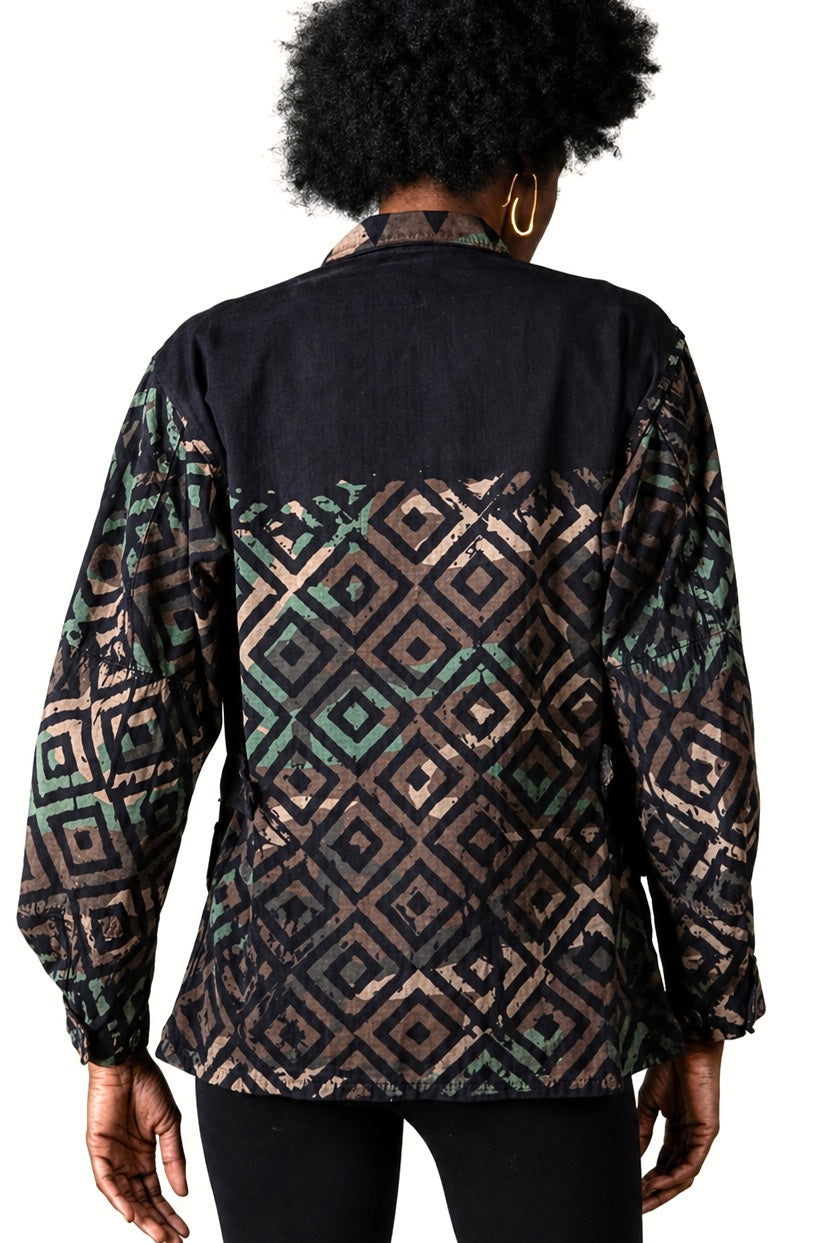 Exclusive reworked military jacket featuring earthy Natural dye (recycled iron + raw sugar), subtle geometric patterning, and artisan mirror embroidery