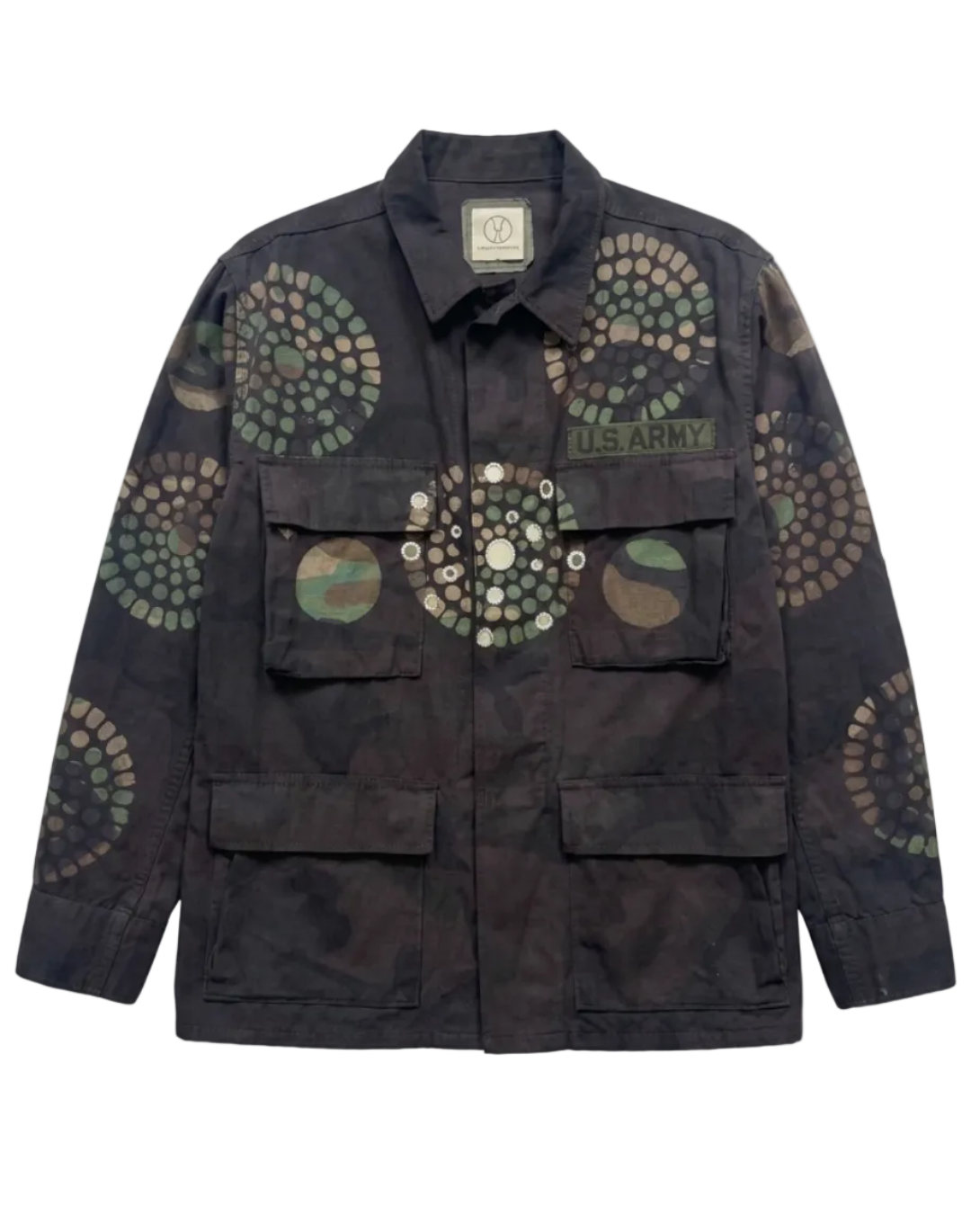 Exclusive handmade vintage army jacket with natural dye, Kutch block print, and mirror embroidery
