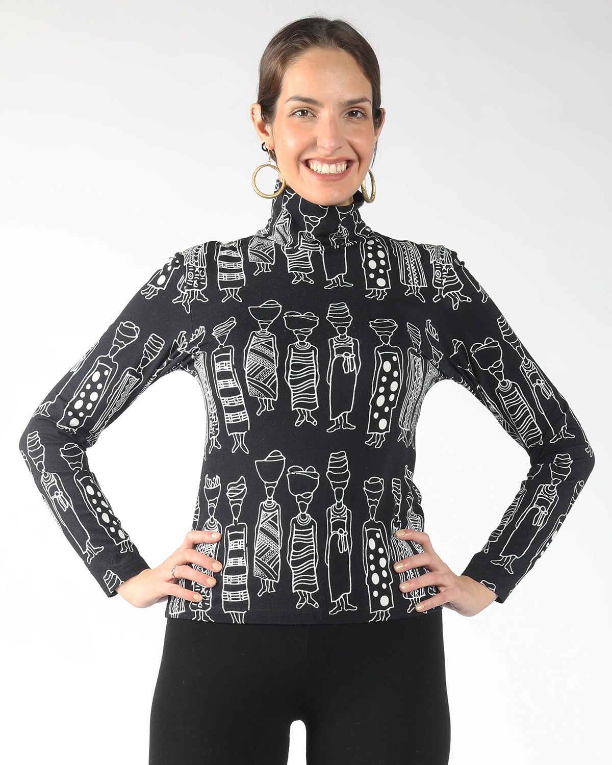 front view white print with a black background market ladies sustainable turtleneck 
