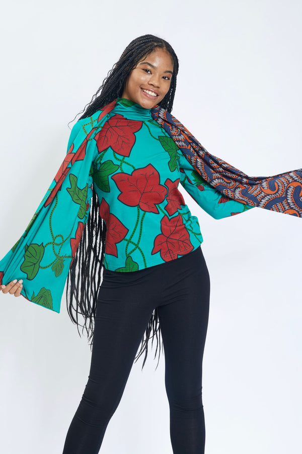 Organic Cotton Neck Scarf - Turquoise Vine Pattern