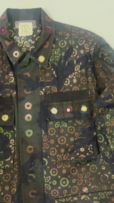 Exclusive handmade vintage army jacket with natural dye, Kutch block print, and mirror embroidery
