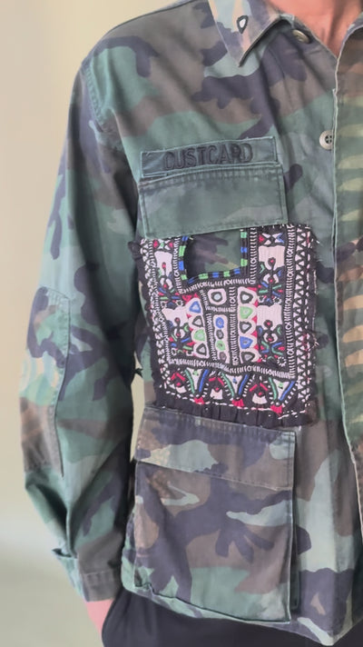 Exclusive handmade vintage army jacket with natural dye, Kutch block print, and mirror embroidery