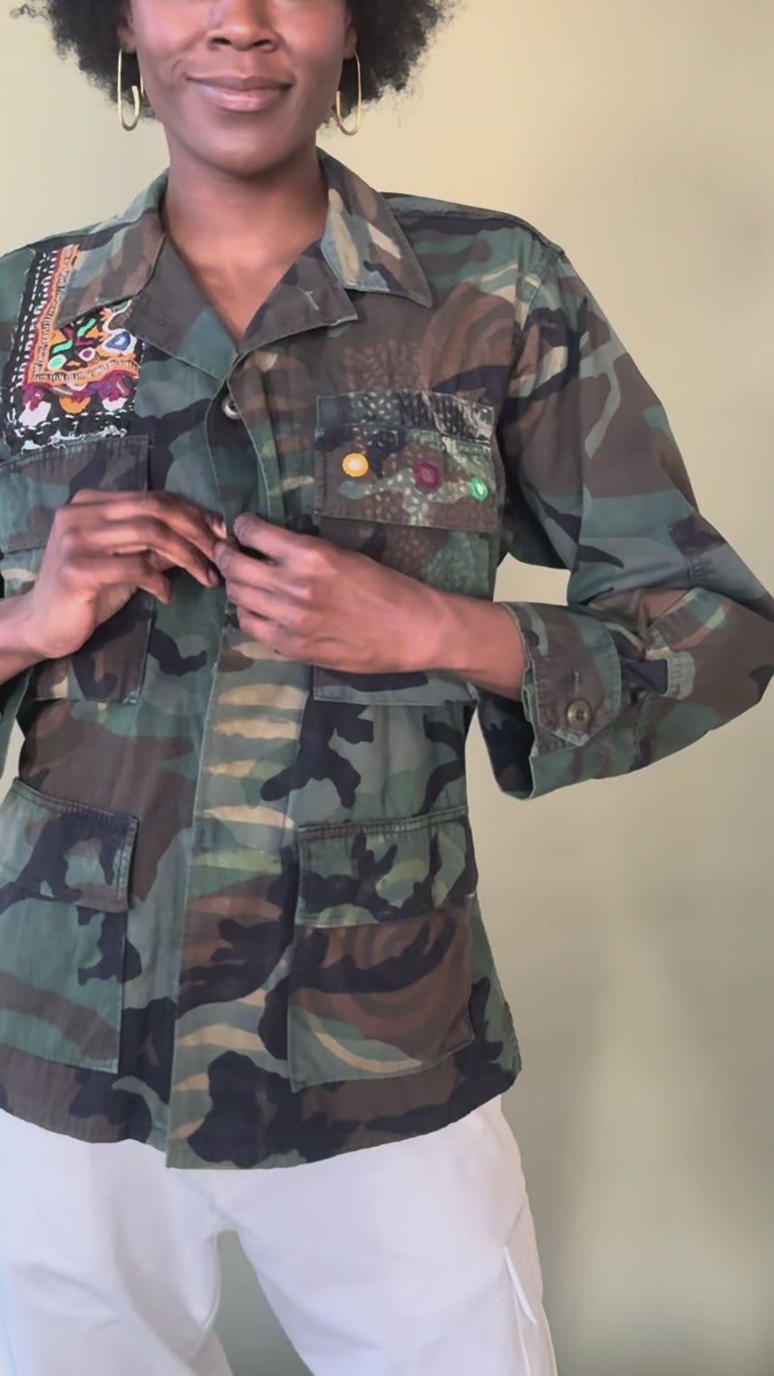 Exclusive handmade vintage army jacket with natural dye, Kutch block print, and mirror embroidery