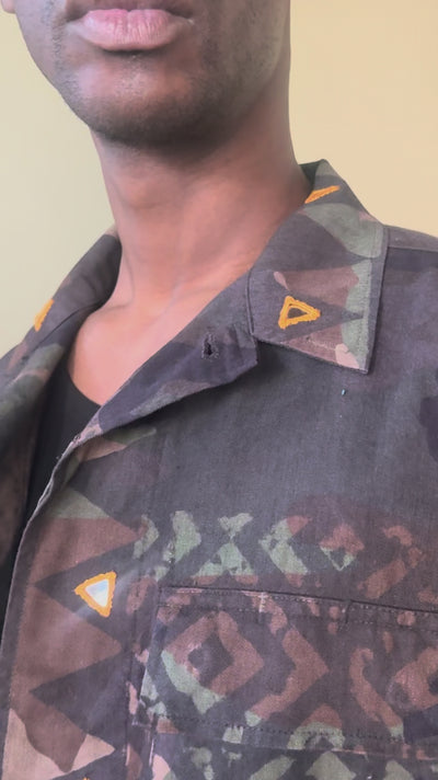 Exclusive handmade vintage army jacket with natural dye, Kutch block print, and mirror embroidery