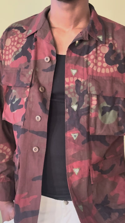 Exclusive handmade vintage army jacket with natural dye, Kutch block print, and mirror embroidery