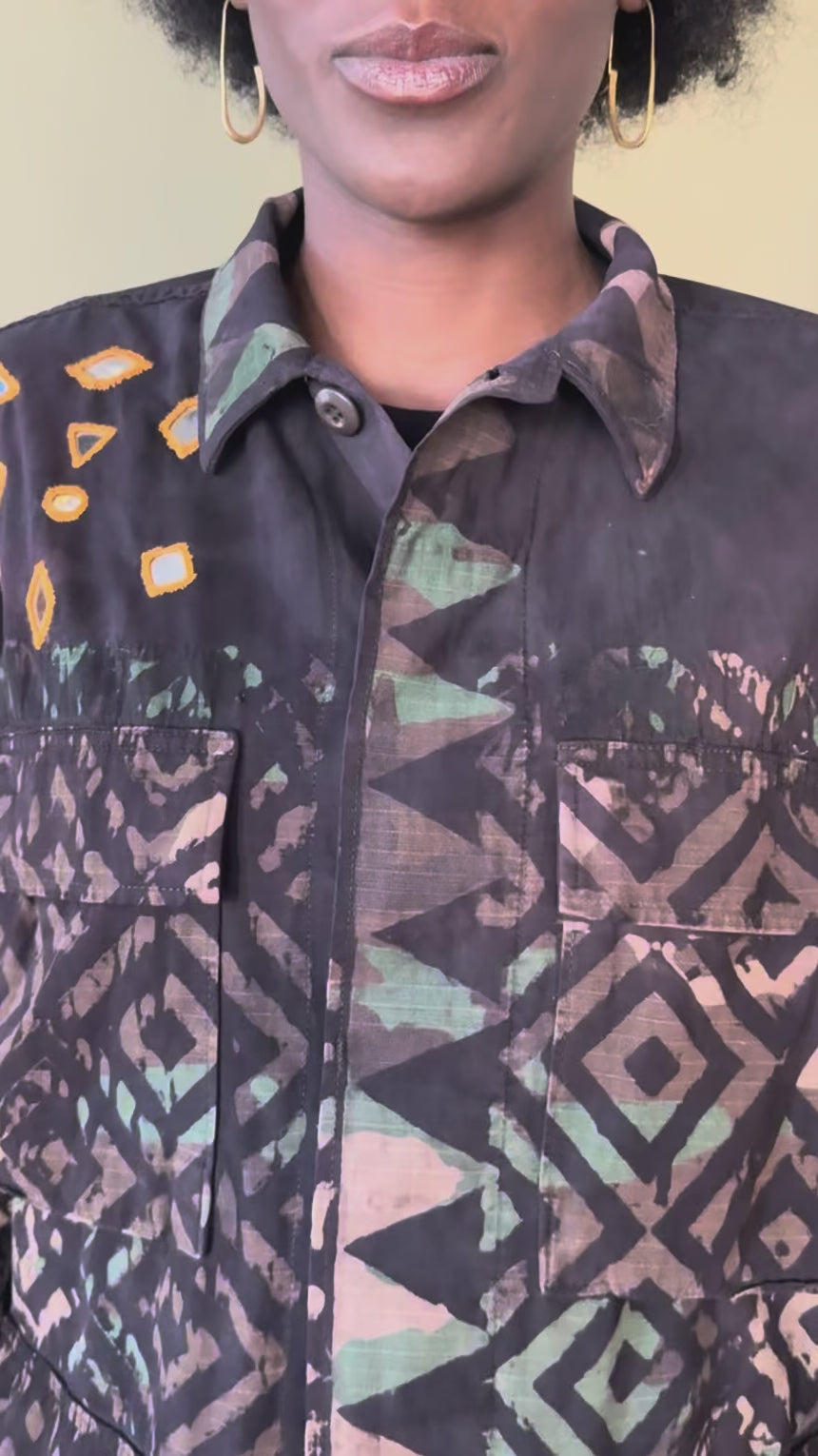 Exclusive handmade vintage army jacket with natural dye, Kutch block print, and mirror embroidery