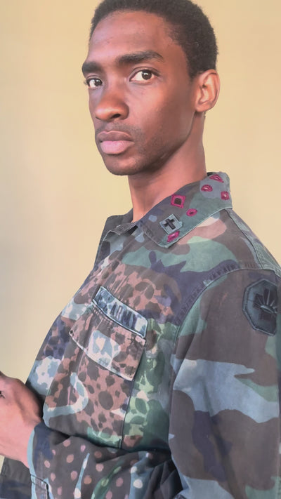 Exclusive handmade vintage army jacket with natural dye, Kutch block print, and mirror embroidery