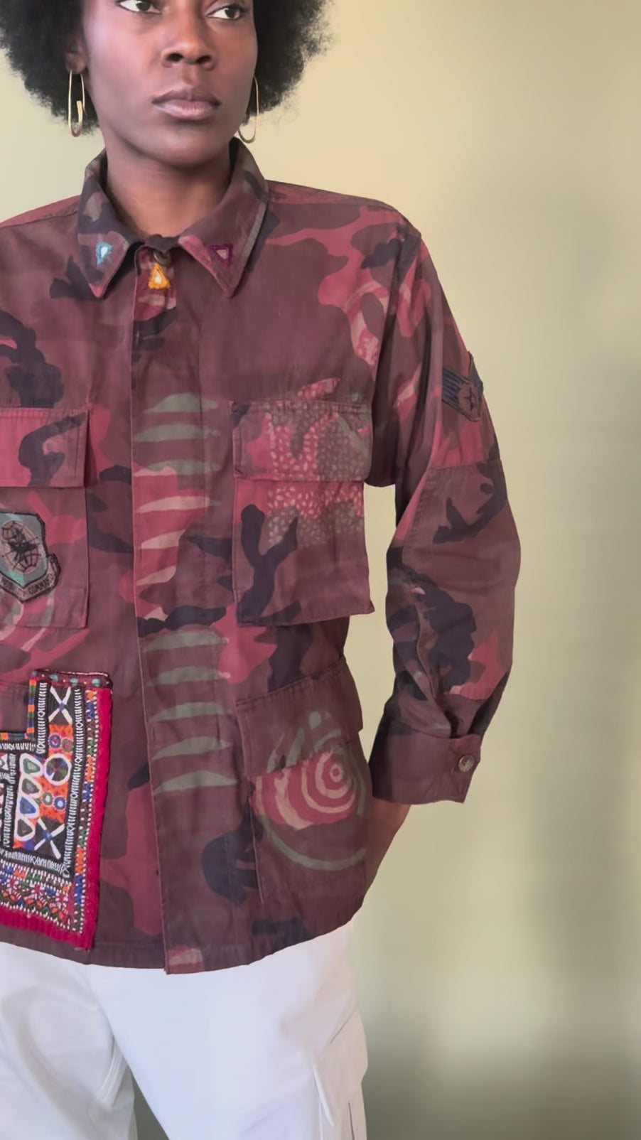 Exclusive handmade vintage army jacket with natural dye, Kutch block print, and mirror embroidery
