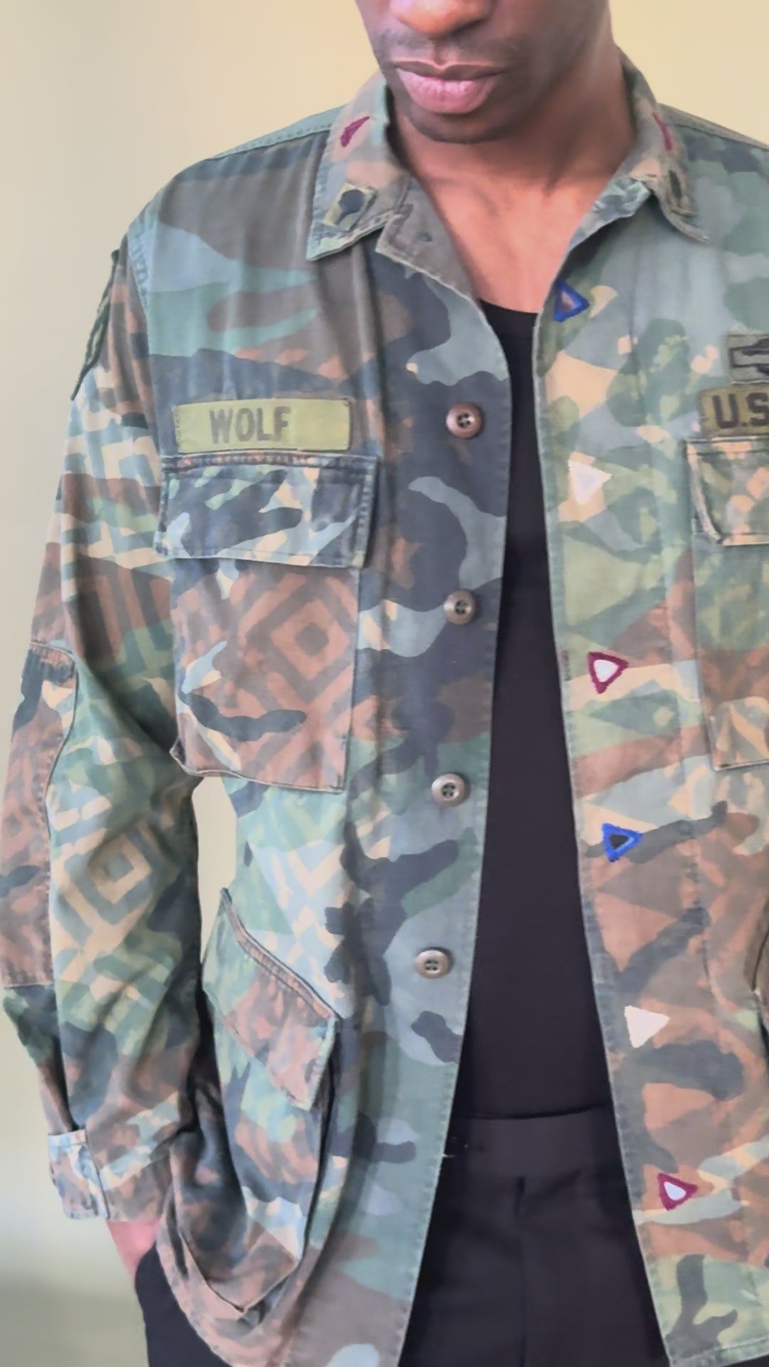 Exclusive handmade vintage army jacket with natural dye, Kutch block print, and mirror embroidery