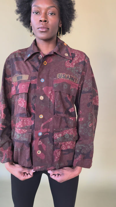 Exclusive handmade vintage army jacket with natural dye, Kutch block print, and mirror embroidery