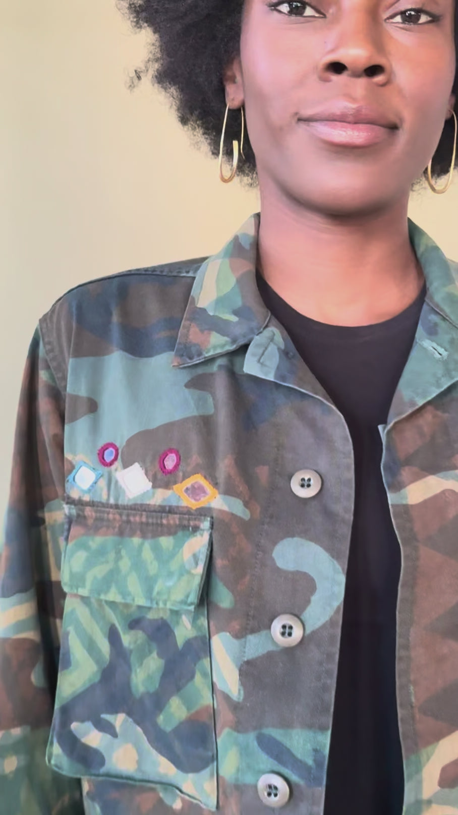 Exclusive handmade vintage army jacket with natural dye, Kutch block print, and mirror embroidery