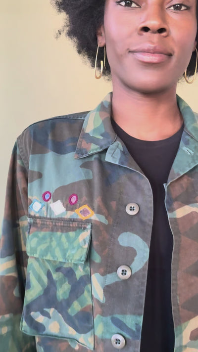 Exclusive handmade vintage army jacket with natural dye, Kutch block print, and mirror embroidery