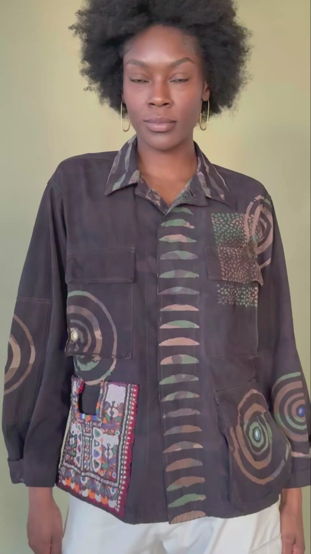 Exclusive handmade vintage army jacket with natural dye, Kutch block print, and mirror embroidery