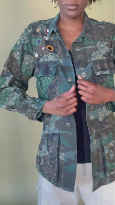 Exclusive handmade vintage army jacket with natural dye, Kutch block print, and mirror embroidery