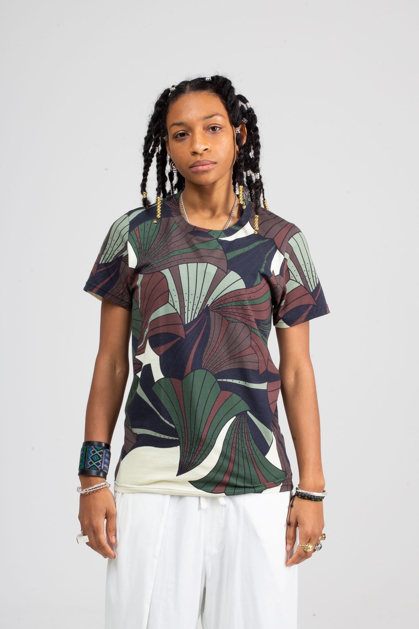 fun bold print T-shirt by Lola Faturoti, Forest Cream Tee 